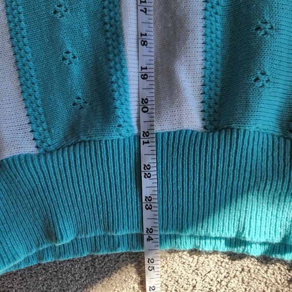80s Vintage SEARS Teal and White Women's Knit Top 3/4 Length Sleeve Sweater - Picture 10 of 12